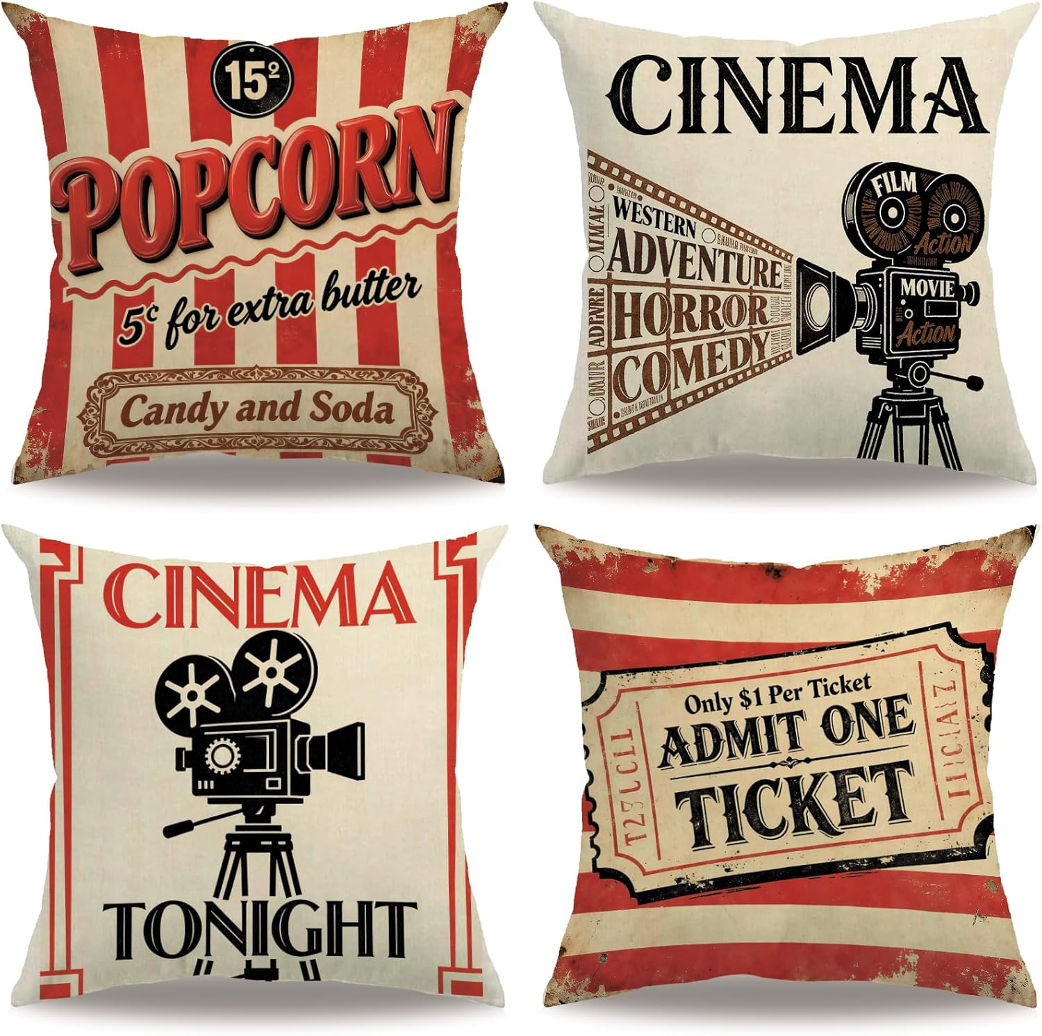 Home Cinema Tickets - Set di 4 Federe per Cuscini