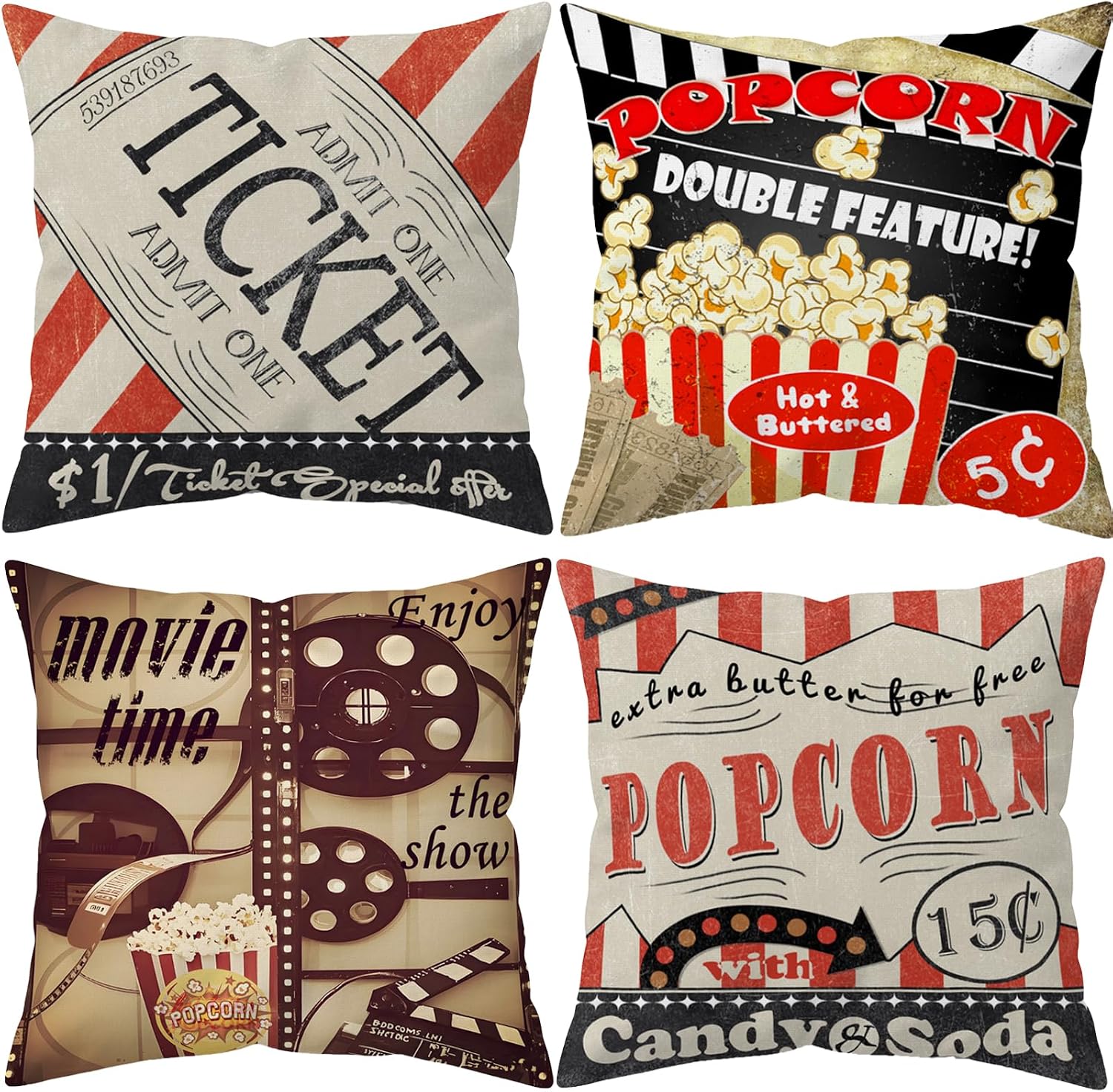 Home Cinema Tickets - Set di 4 Federe per Cuscini